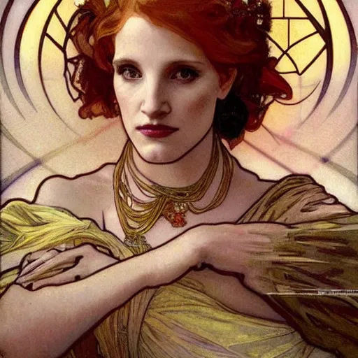 Image similar to jessica chastain portrait by louis - theophile hingre and alphonse mucha, realistic, sharp focus, zodiac signs, tarot cards, planets, ethereal, art nouveau, magic, moon, sun, crown, dreamy, royal, jewellery