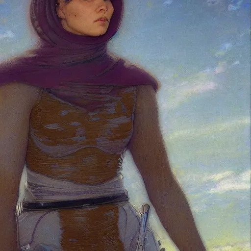 Prompt: masterpiece full body portrait of a beautiful Fremen woman on Dune, by Edgar Maxence and Ross Tran and Michael Whelan and Gustav Klimpt