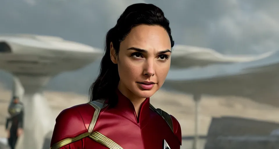 Image similar to Gal Gadot, in full starfleet uniform, is the captain of the starship Enterprise in the new Star Trek movie