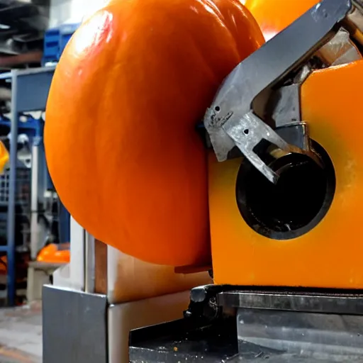 Prompt: The annoying orange being crushed under a hydraulic press