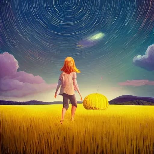 Prompt: giant daisy as a head, girl walking in wheat field, hills, surreal photography, dark night, star trails, dramatic light, impressionist painting, clouds, digital painting, artstation, simon stalenhag