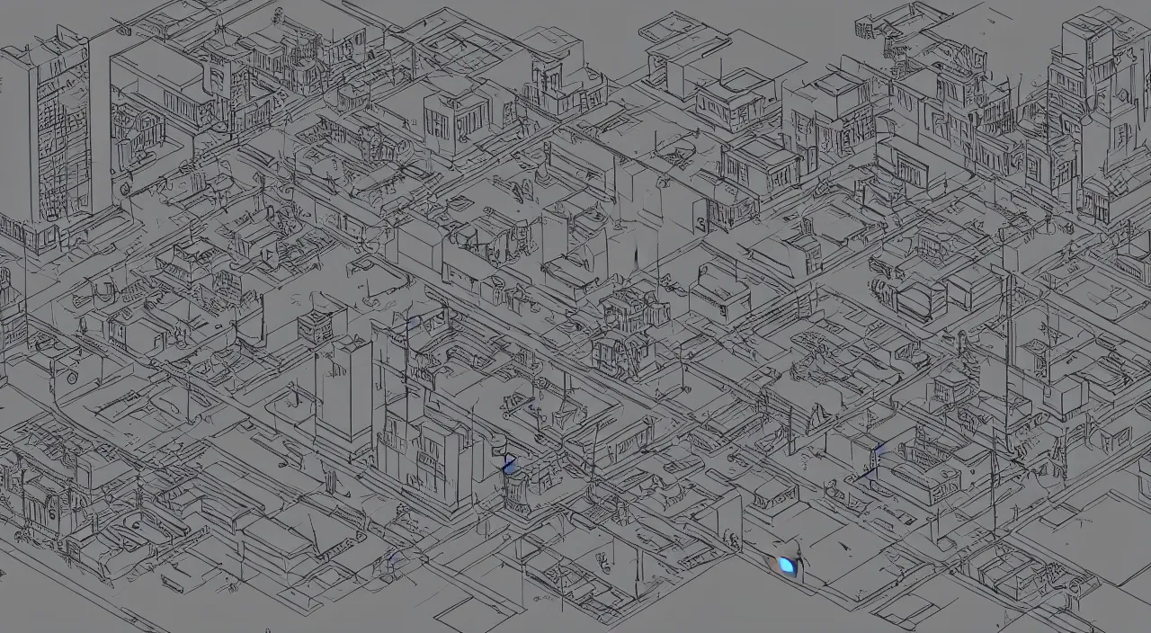 Prompt: exploded axon schematic drawinf of a typical city block, in vector drawing style of charles williams