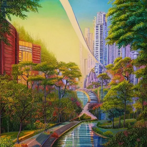 Prompt: Beautiful city of the future in harmony with nature. Nice colour scheme, cool natural colour. Beautiful detailed painting by Lurid. (2022)