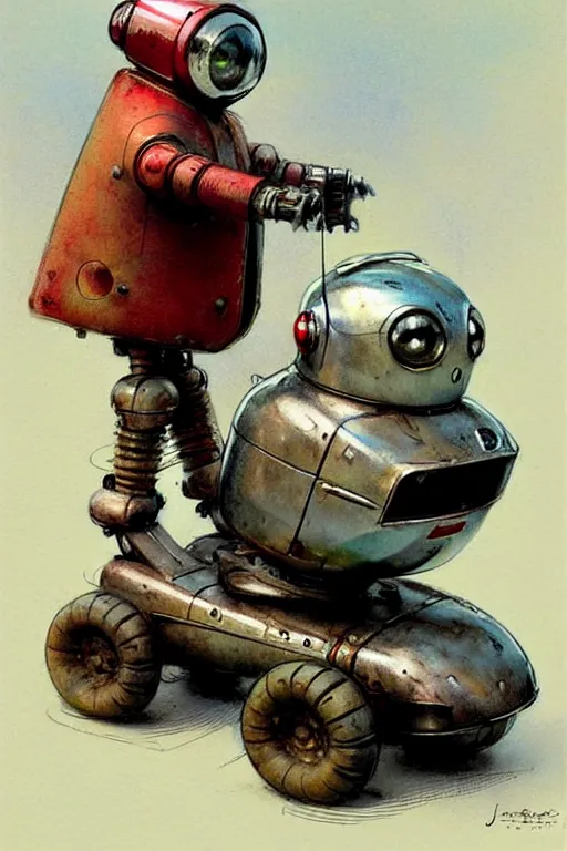 Prompt: adventurer ( ( ( ( ( 1 9 5 0 s retro future android robot fat robot mouse wagon. muted colors. ) ) ) ) ) by jean baptiste monge!!!!!!!!!!!!!!!!!!!!!!!!! chrome red