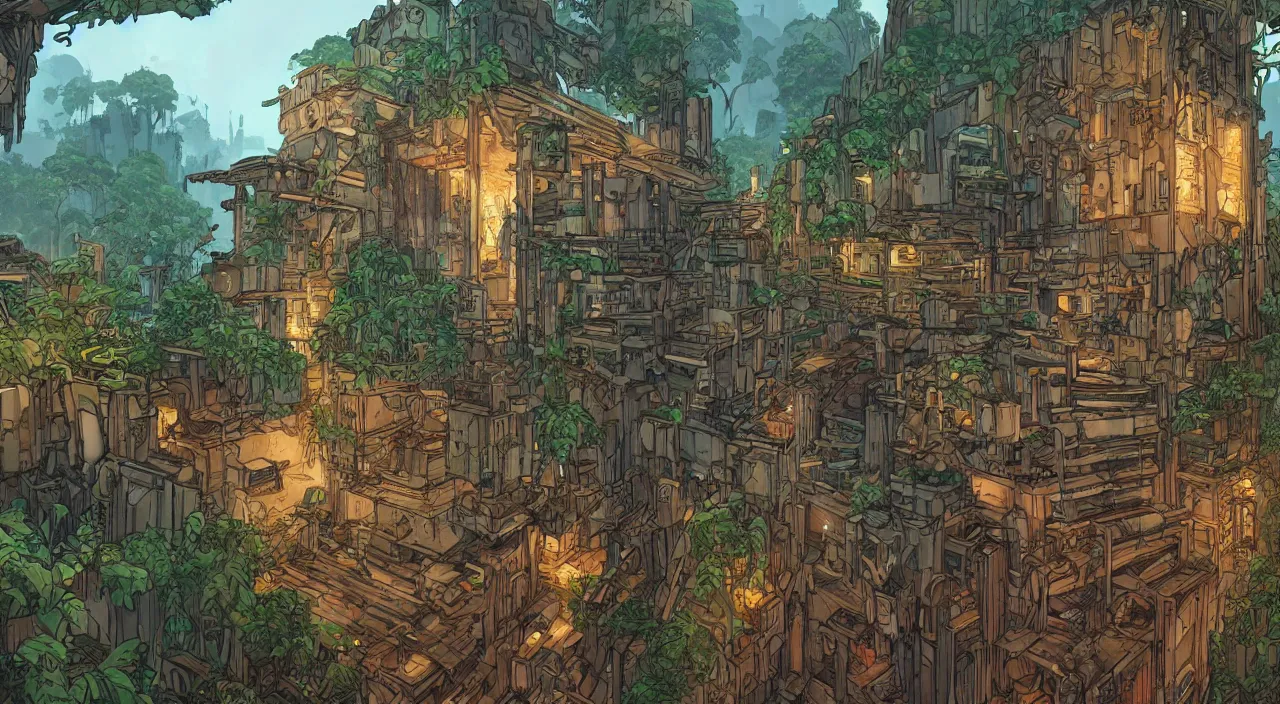 Image similar to open door wood wall fortress greeble block amazon jungle on portal unknow world ambiant fornite that looks like it is from borderlands and by feng zhu and loish and laurie greasley, victo ngai, andreas rocha, john harris