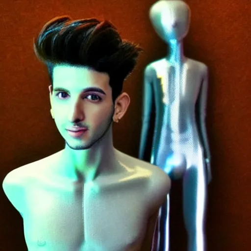 Image similar to “a realistic detailed photo of a guy who is an attractive humanoid who is half robot and half humanoid, who is a male android, singer Sebastian Yatra, shiny skin, posing like a statue, blank stare”