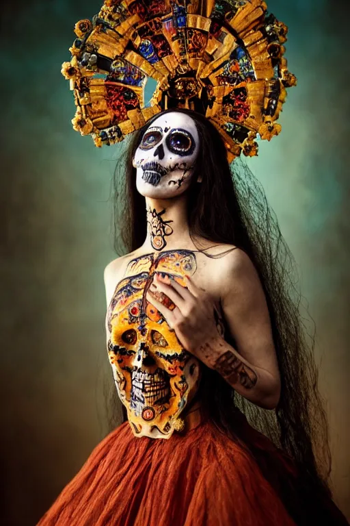 Image similar to heliography, virgin mary in dia de muertos dress and make up, horrific beautiful vibe, evocative, atmospheric lighting, painted, intricate, highly detailed, leesha hannigan, wayne haag, reyna rochin, ignacio fernandez rios, mark ryden, iris van herpen, stunning, gorgeous, sharp focus, cinematic, masterpiece