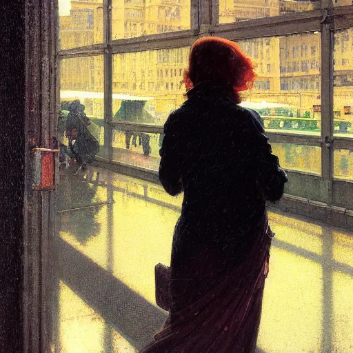 Prompt: detailed portrait of a woman, moment, cyberpunk cloisters, electronic billboards, tech noir, wet reflections, atmospheric, ambient, wlop, norman rockwell, alexis flower, hopper, livia prima, greg rutkowski, george tooker, gil elvgren, norman rockwell, alexis flower, hopper, mucha, whistler, norman rockwell, peter max,