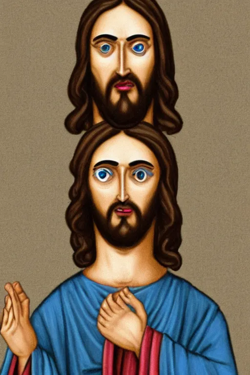 Prompt: jesus christ wearing a blinfold, peeking over blinfold with one eye, staring