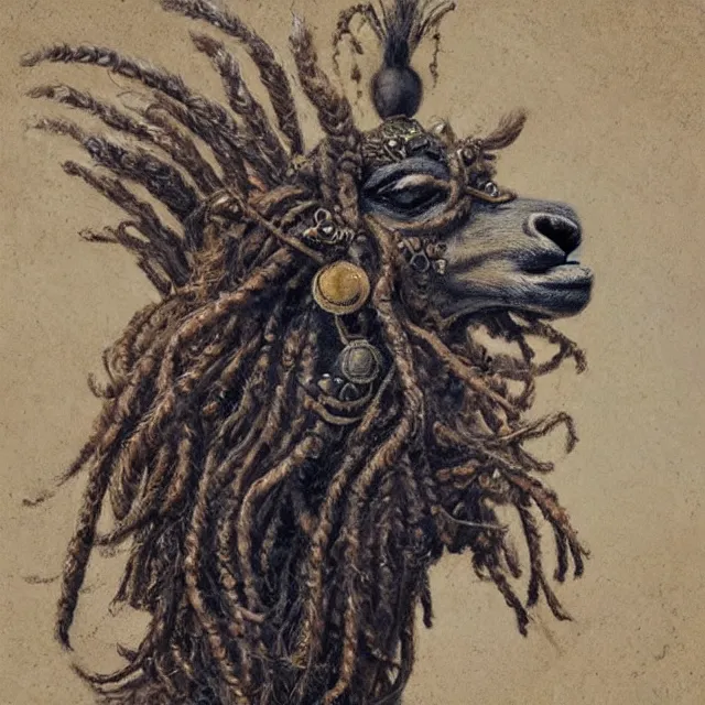 Image similar to llama with dreadlocks, by greg rutkowski, ernst haeckel, james jean