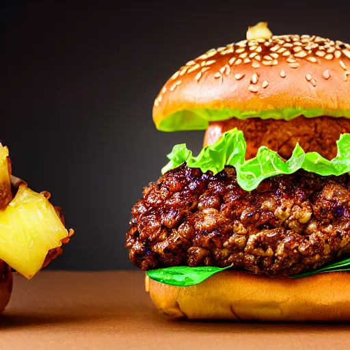 Prompt: juicy hamburger with crispy buns topped with pineapple, 8 k resolution, food photography, studio lighting, sharp focus, hyper - detailed