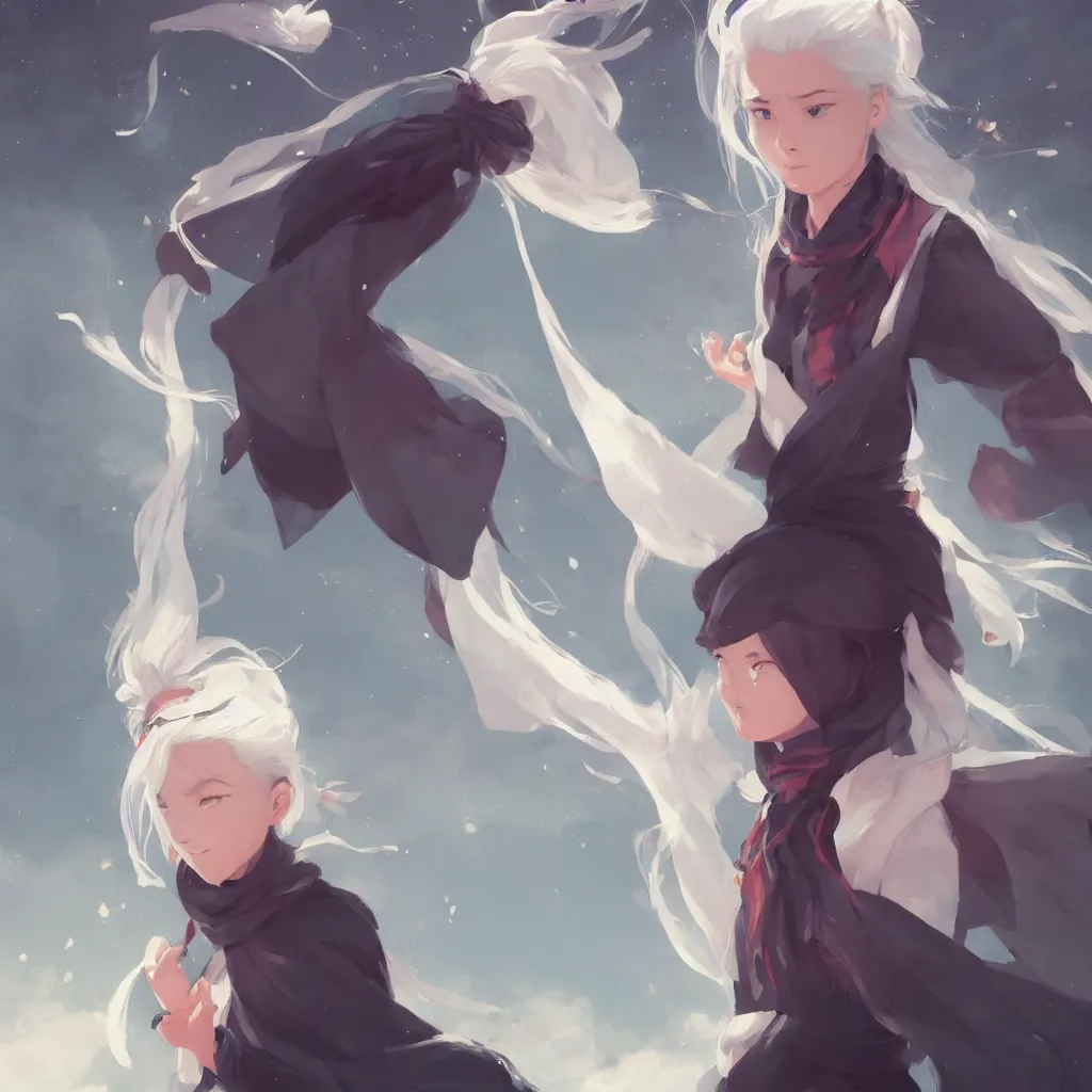 Image similar to girl sorcerer with white hair in a hairbun, she is wearing a scarf. she is learning how to use her magic powers. cgsociety masterpiece, artstation trending, by rossdraws, ghibli, kimi no na wa, greg rutkowski, simon stalberg, greg manchess