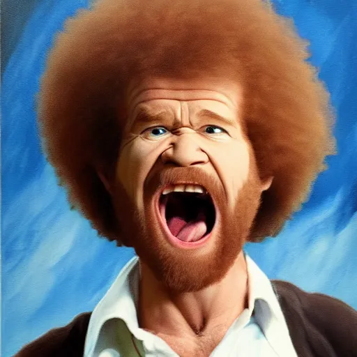 Prompt: insanely angry bob ross screaming at an ugly painting
