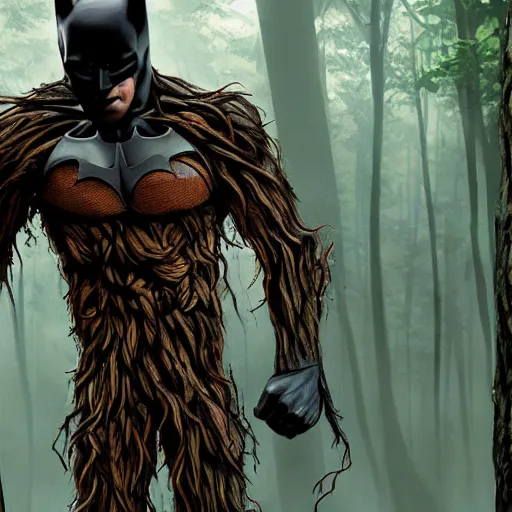 Image similar to batman meets groot in the woods digital art 4 k detailed super realistic