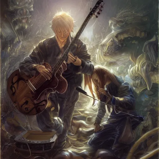 Image similar to Anime Musicians, Brothers, Gigachads, Streaming, Live, Professional Recording Equipment, Dark, Horror, detailed, centered, digital painting, artstation, concept art, donato giancola, Joseph Christian Leyendecker, WLOP, Boris Vallejo, Breathtaking, 8k resolution, extremely detailed, beautiful, establishing shot, artistic, hyperrealistic, beautiful face, octane render, cinematic lighting, dramatic lighting, masterpiece