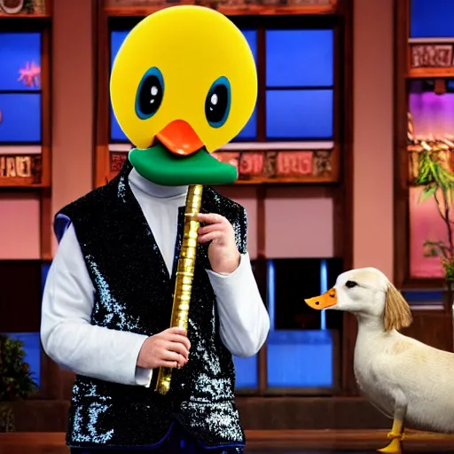 Image similar to late night chat show with a duck smoking a pipe , a horse in a judo kit, a dog in a sequin waistcoat playing a trombone