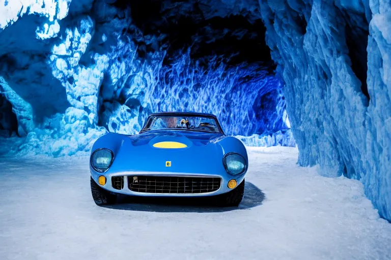 Prompt: cinematography of Ferrari 250 GTO series 2 in a blue ice cave by Emmanuel Lubezki