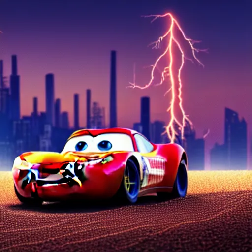 Image similar to lightning mcqueen car driving on wet sand on beach, evening, cyberpunk city in the background, photo, 4 k, highly detailed