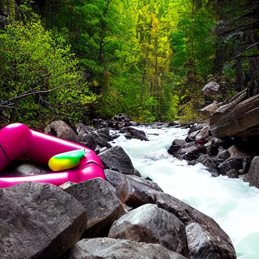 Image similar to inner tubing down a rapids filled with skittles, filled with desaturated color skittles, in the mountains, woodsy.