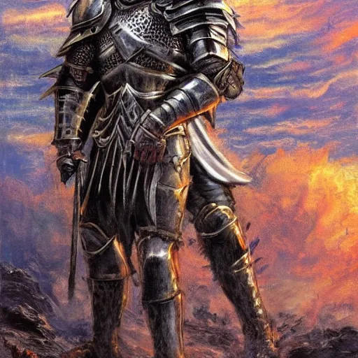 Image similar to a gritty fantasy knight in heavy silver armor holding a large staff standing in a desert, comic book art, fantasy, oil painting, art by jim lee, bright, golden hour, dramatic,