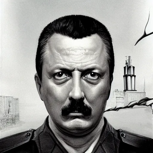 Prompt: Portrait of Igor Ivanovich Strelkov while he is calling for war mobilization, photo-realistic, 2K, highly detailed, bodyhorror by H.R.Giger, tends to have fractal structure