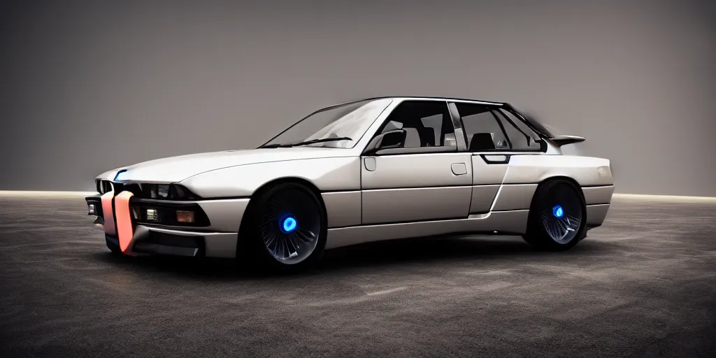 Image similar to a design of a futuristic bmw e30, designed by Polestar, blade runner background, stained antique copper car paint, black windows, sport car, dark show room, dramatic lighting, hyper realistic render, depth of field