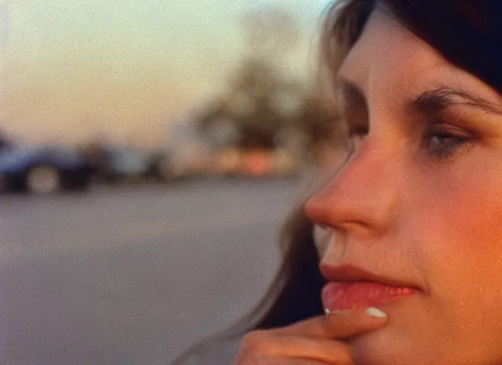 Image similar to close-up color film photography 1970s, long shot, bold woman, soft focus, golden hour, soft light, 35mm, film photo, Joel Meyerowitz