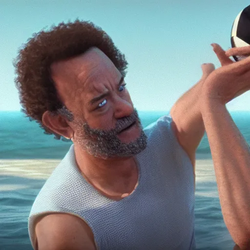 Image similar to Tom Hanks talking to a volley ball in the movie Castaway, cinematic, artstationHD, trending on artstation, imdb, wikipedia,