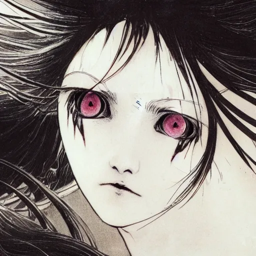 Image similar to yoshitaka amano realistic illustration of an anime girl with black eyes, wavy white hair fluttering in the wind and cracks on her face wearing elden ring armor with engraving, abstract black and white patterns on the background, noisy film grain effect, highly detailed, renaissance oil painting, weird portrait angle, three quarter view, head turned to the side