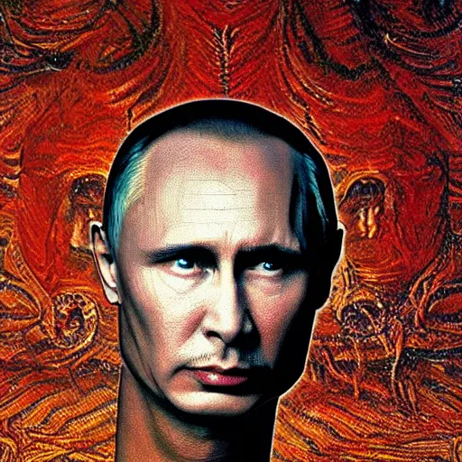 Image similar to stupid idiot degraded retard vlad putin photo - realistic, color image, hyper realistic, 2 k, highly detailed, occult art, by giger, fractal structure