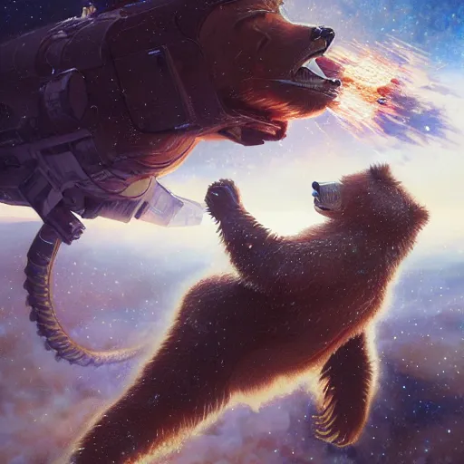 Image similar to detailed science - fiction character portrait of a grizzly bear shooting a machine gun in space, intricate, wild, highly detailed, digital painting, artstation, concept art, smooth, sharp focus, illustration, art by artgerm and greg rutkowski and alphonse mucha