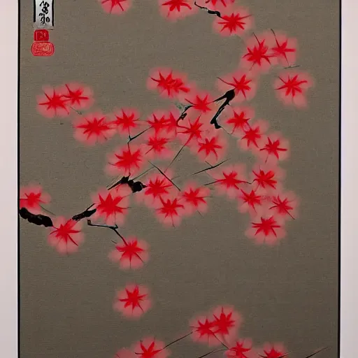 Prompt: Sakura in blossom and red sun, symbol of Japan on white background, Contains hieroglyphs - zen, freedom, nature, happiness, Traditional Japanese ink painting sumi-e