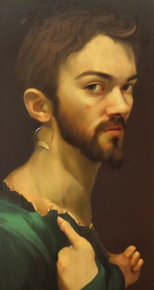 Image similar to jacksepticeye renaissance portrait painting, chiaroscuro, oil paints on canvas