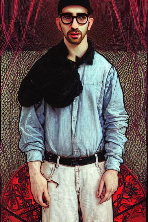 Prompt: hyperrealist portrait of a young ducktail bearded middle eastern american man wearing black wayfarer glasses and red baseball cap, it is decorated with long wires that fall like vines and small computers over their body. by jeremy mann and alphonse mucha, fantasy art, photo realistic, dynamic lighting, artstation, poster, volumetric lighting, very detailed faces, 4 k, award winning