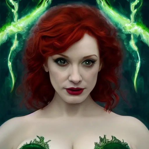 Prompt: a highly detailed matte painting of christina hendricks as an unbelievably powerful vampire witch, drinking wine, floating in the air doing blood magic, viewed in profile from far away, crackling green lightning, ultrawide lens, art by artgerm and greg rutkowski and alphonse mucha, volumetric lighting, octane render, 4 k resolution, trending on artstation, masterpiece