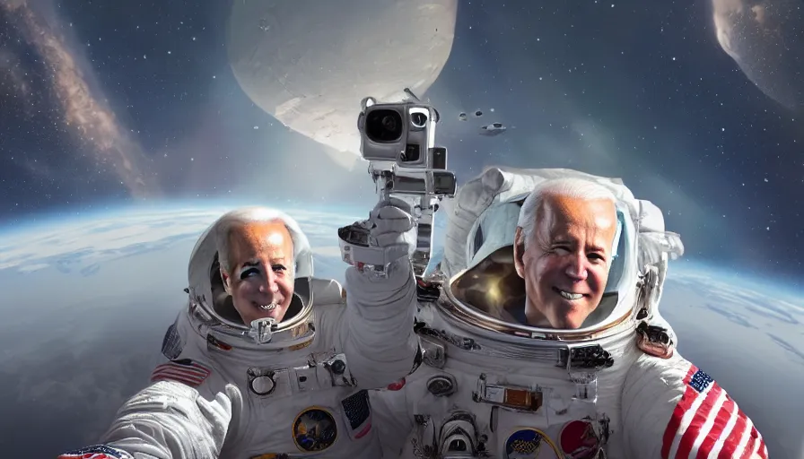 Prompt: Selfie of Joe Biden in space with aliens, hyperdetailed, artstation, cgsociety, 8k