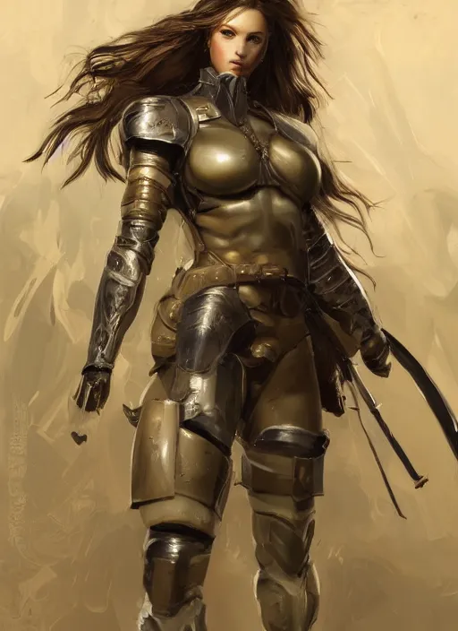 Prompt: a professionally painted portrait of an attractive young girl, partially clothed in battle armor, olive skin, long dark hair, beautiful bone structure, perfectly proportioned, nubile body, symmetrical facial features, intricate, elegant, heroic pose, digital painting, concept art, smooth, sharp focus, finely detailed, beautifully framed, from Metal Gear, in the style of Artgerm and Greg Rutkowski and William-Adolphe Bouguerea