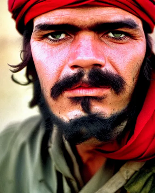 Image similar to portrait of che guevara as afghan man, green eyes and red scarf looking intently, photograph by steve mccurry