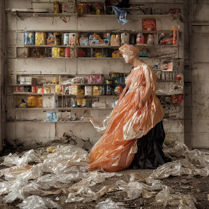 Image similar to a color photograph, closeup portrait of a woman wrapped in plastic, standing in an abandoned grocery store, color photograph, by vincent desiderio, canon eos c 3 0 0, ƒ 1. 8, 3 5 mm, 8 k, medium - format print