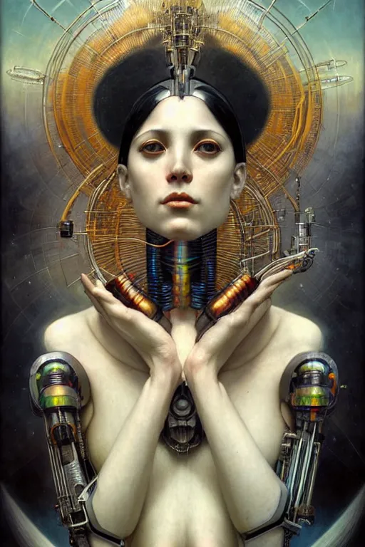 Image similar to full - bodied and portrait futurist cyborg empress, perfect future, award winning art by santiago caruso, iridescent color palette, symmetric face, by wlop and karol bak and bouguereau and viktoria gavrilenko