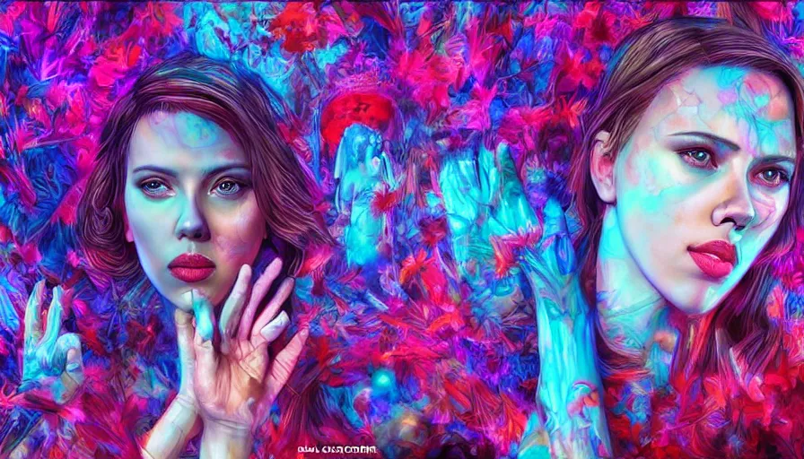 Prompt: scarlett johansson in psychodelic dmt lsd forest, photorealistic, artgerm, artwork by Arian, Mark