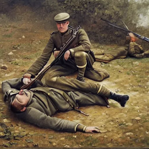 Image similar to a beautiful extremely complex painting of a german army in ww 1 lying down and his weapon next to him the army is tired of the war digital painting