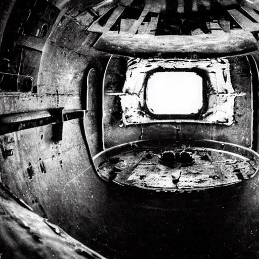 Prompt: Interior of a sinking Soviet submarine, all alone, thalassophobia, claustrophobic, dark