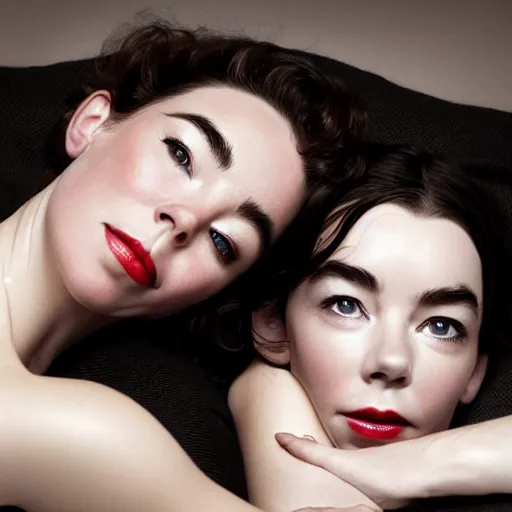 Image similar to stunning photo of dark - haired goddesses vanessa kirby and bjork smiling, laying back on a pillow, with melted white pearls all over their faces, a beautiful closeup, wet lips, perfect eyes, insanely detailed, elegant, by mucha, wlop, rutkowski, livia prima