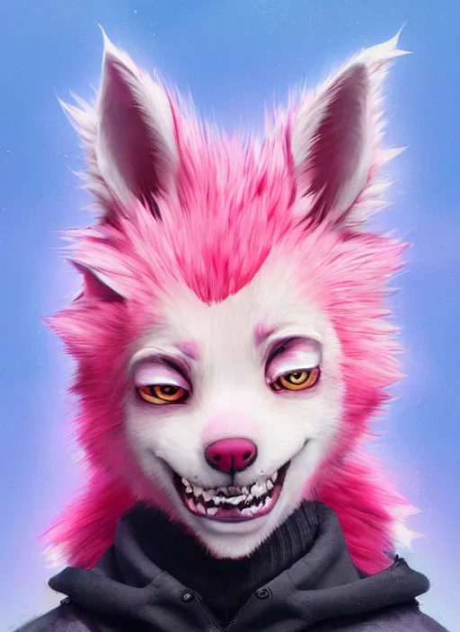 Prompt: a beautiful half body portrait of a cute anime male with pink hair and pink wolf ears. smiling.. big eyes. black collar. hoodie. character design by cory loftis, fenghua zhong, ryohei hase, ismail inceoglu and ruan jia. volumetric light, detailed, rendered in octane