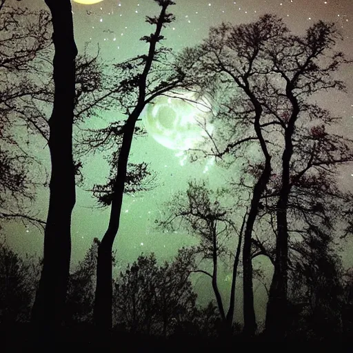 Image similar to a serene forest of faeries, beautiful double crescent moon in the night sky