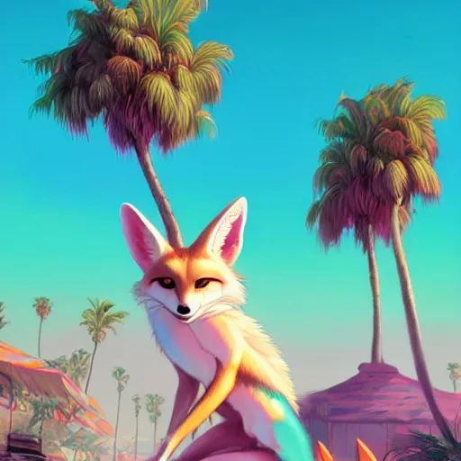 Prompt: fennec fox, neon pink, palm trees, furry, cute, smug facial expression, disney zootopia, zootopia, concept art, aviator sunglasses, smug expression, synthwave style, artstation, detailed, award winning, dramatic lighting, miami vice, digital illustration, art by greg rutkowski