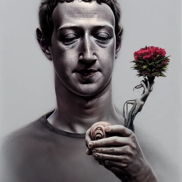 Prompt: mark zuckerberg holding a flower by hr giger and Zdzisław Beksiński, trending on artstation, realistic, detailed, concept art, horror, illustration, oil painting