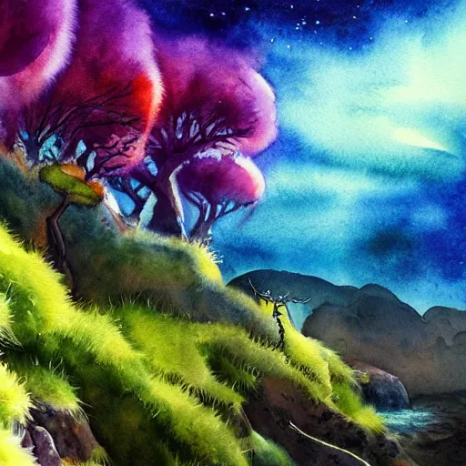 Image similar to beautiful lush natural scene on another planets cliffs, with interesting creatures. different than earth but beautiful. lightfall. beautiful detailed artistic watercolor. trending on artstation and deviantart.