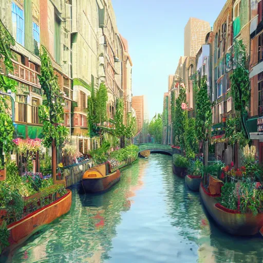 Prompt: city filled with plants and canals, trending on artstation